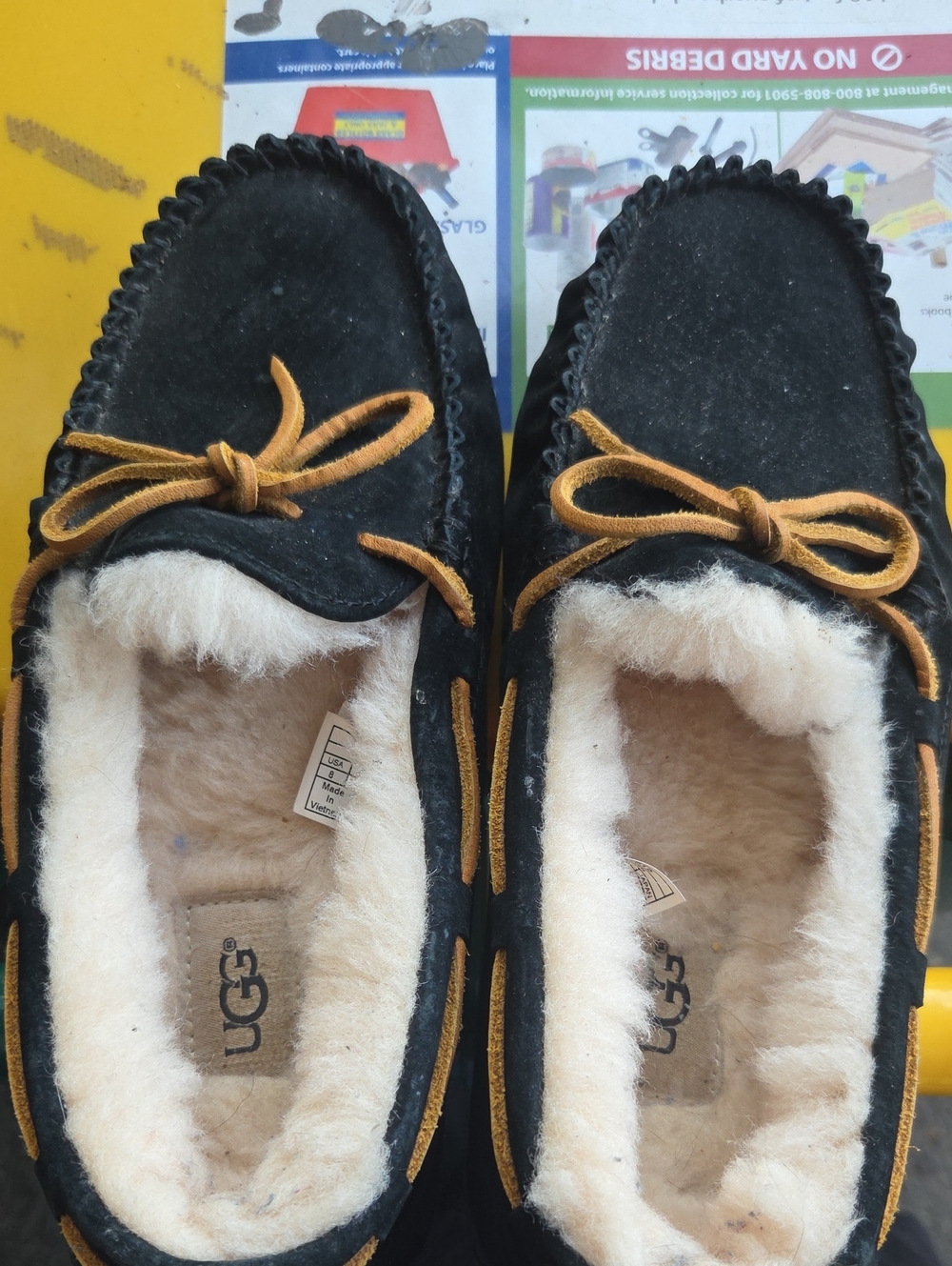 UGG Black Suede Moccasin Slippers with Chestnut Trim